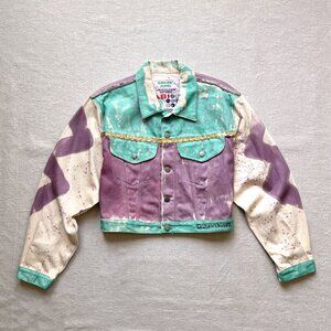 Vintage OOAK 80s Jeanjer Jeans Hand Painted Cropped Denim Trucker Jacket Medium